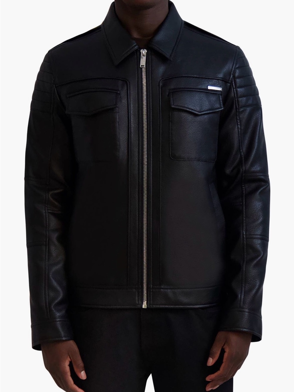 Karl Lagerfeld Black Faux Leather Trucker Zip-Up Jacket- S